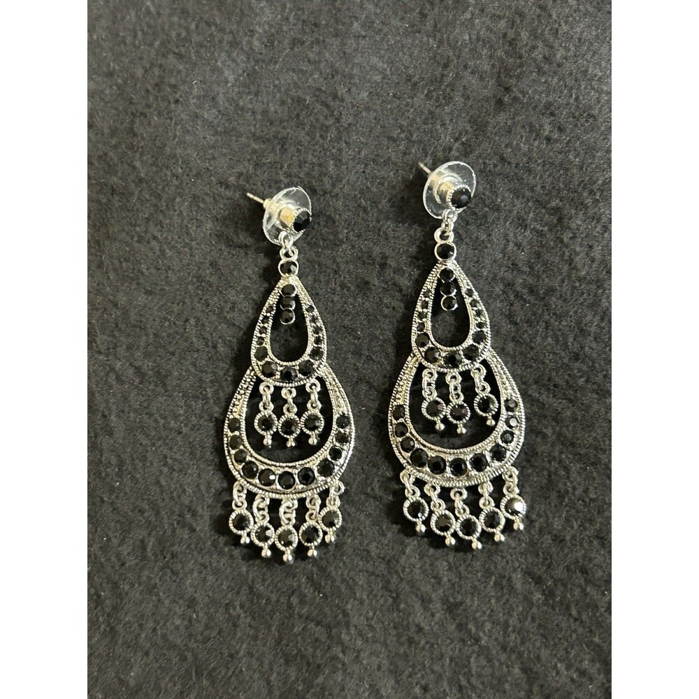 Vintage Edwardian Silver Tone Rhinestones Dangle Pierced Earrings J223